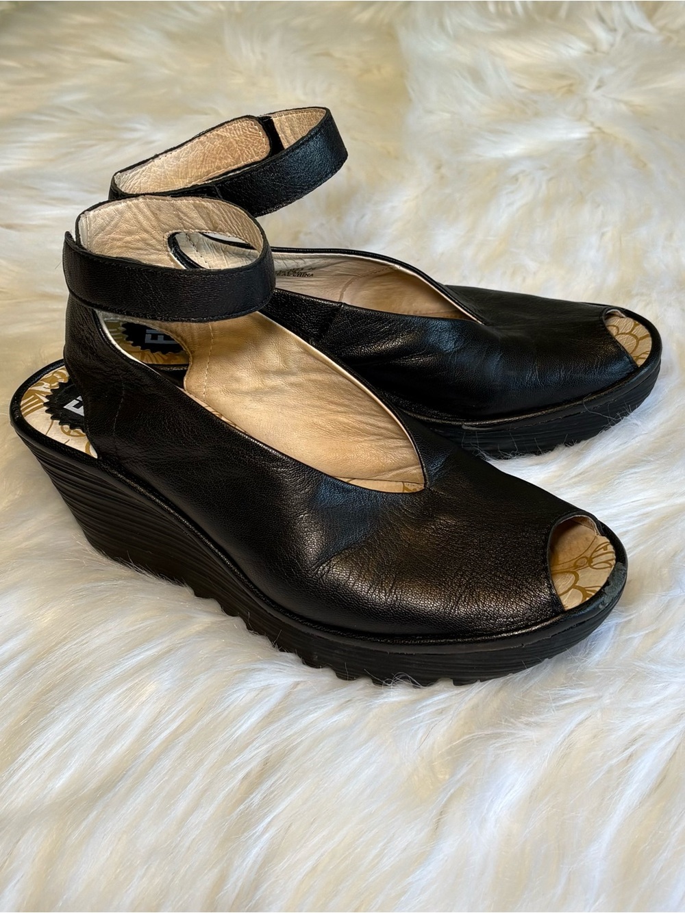 FLY LONDON Wedge Peep-Toe Ankle Strap Sandals - Black EU 40 US 9.5